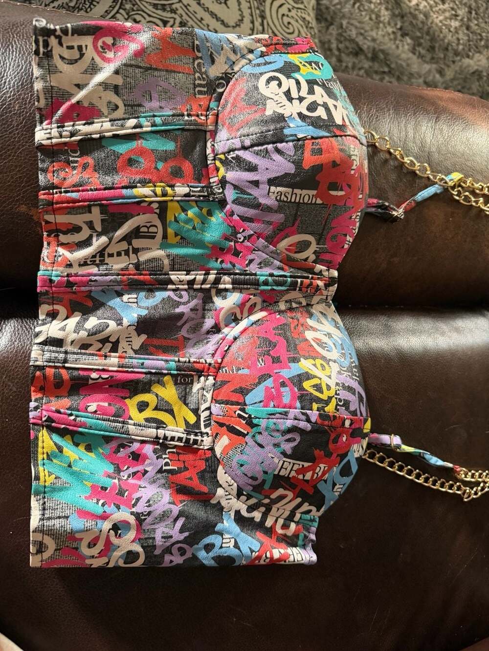Say What NY Graffiti Print Faux Leather Bustier Corset Top - Picture 4 of 6